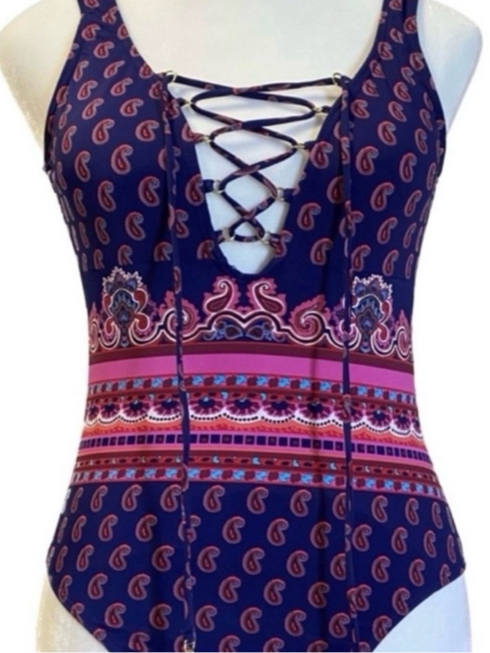 Cremieux Paisley Lace Up One Piece Swimsuit Size Small
